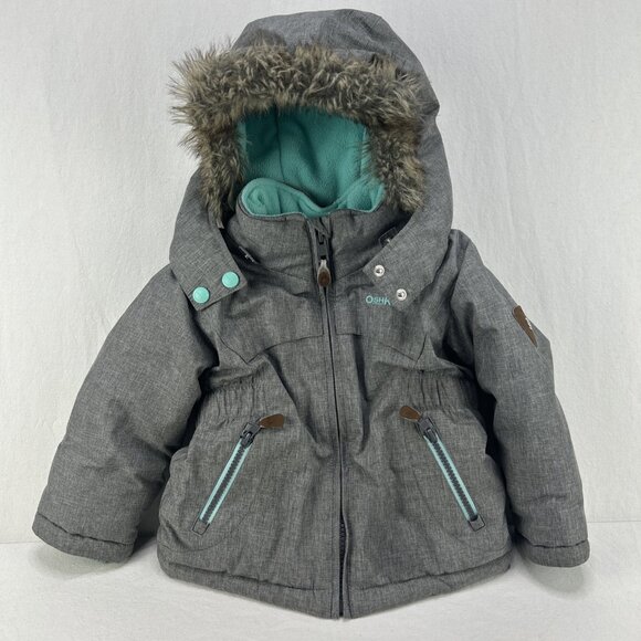 oshkosh b'gosh 24 Month Winter Coat Jacket Hooded Faux Fur Fleece Line Gray Teal - Picture 1 of 7